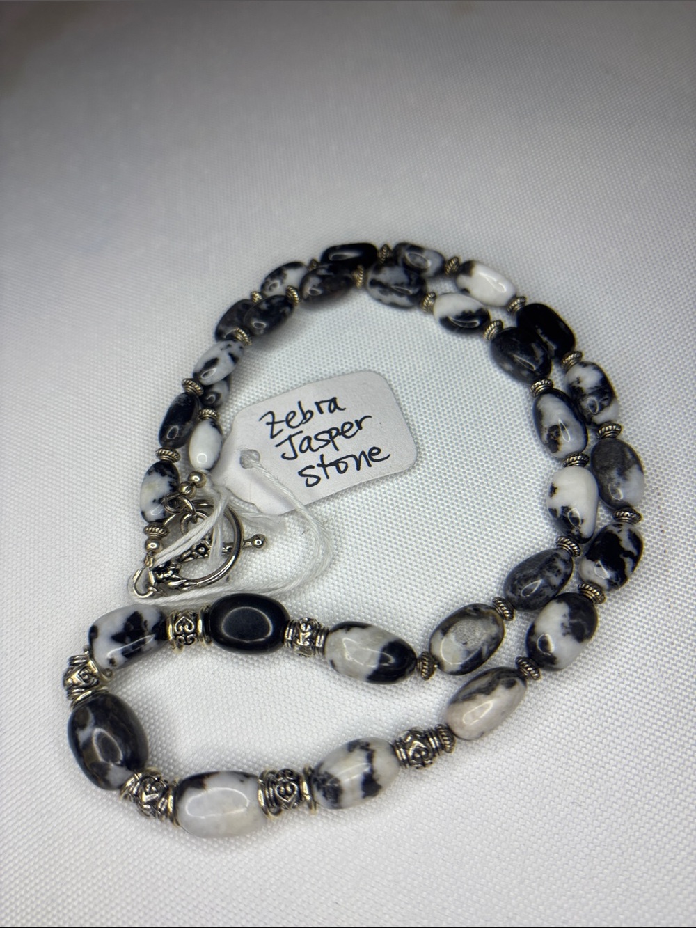 Handcrafted Zebra Jasper stone and silver beaded toggle necklace